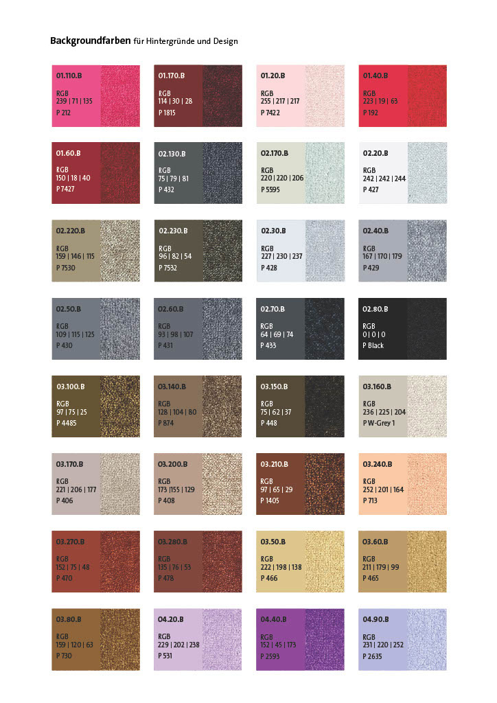 Eine Übersicht zeigt verschiedene Farboptionen mit zugehörigen Farbcodes für Fußmatten.