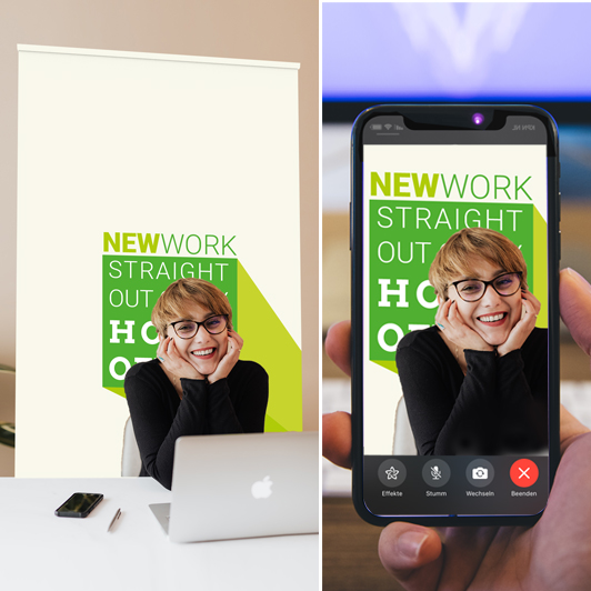 Homeoffice RollUp mit farbig bedruckter Bespannungn steht hinter einem Laptop, daneben eine Person bei einem Videoanruf