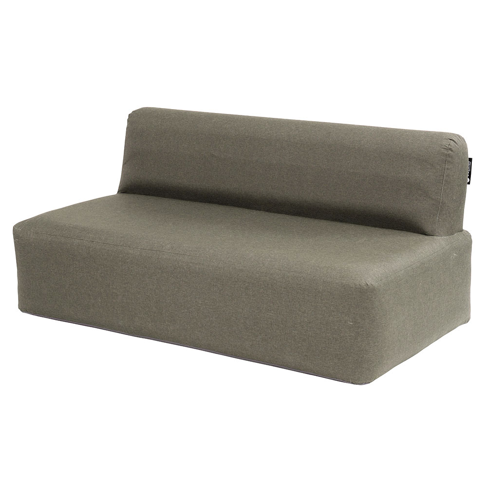 Ein schlichtes graues Sofa ohne Armlehnen mit Stoffbezug.  