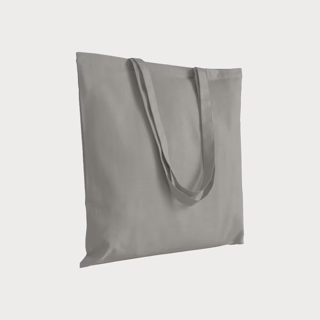 Eine graue, unbedruckte Baumwolltasche mit zwei Henkeln.