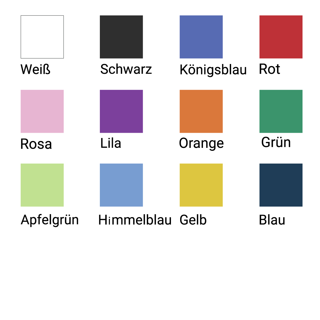 Eine Farbpalette mit zwölf quadratischen Farbfeldern, die die verfügbaren Farben (Weiß, Schwarz, Königsblau, Rot, Rosa, Lila, Orange, Grün, Apfelgrün, Himmelblau, Gelb und Blau) für den Polyester-Rucksack zeigt.