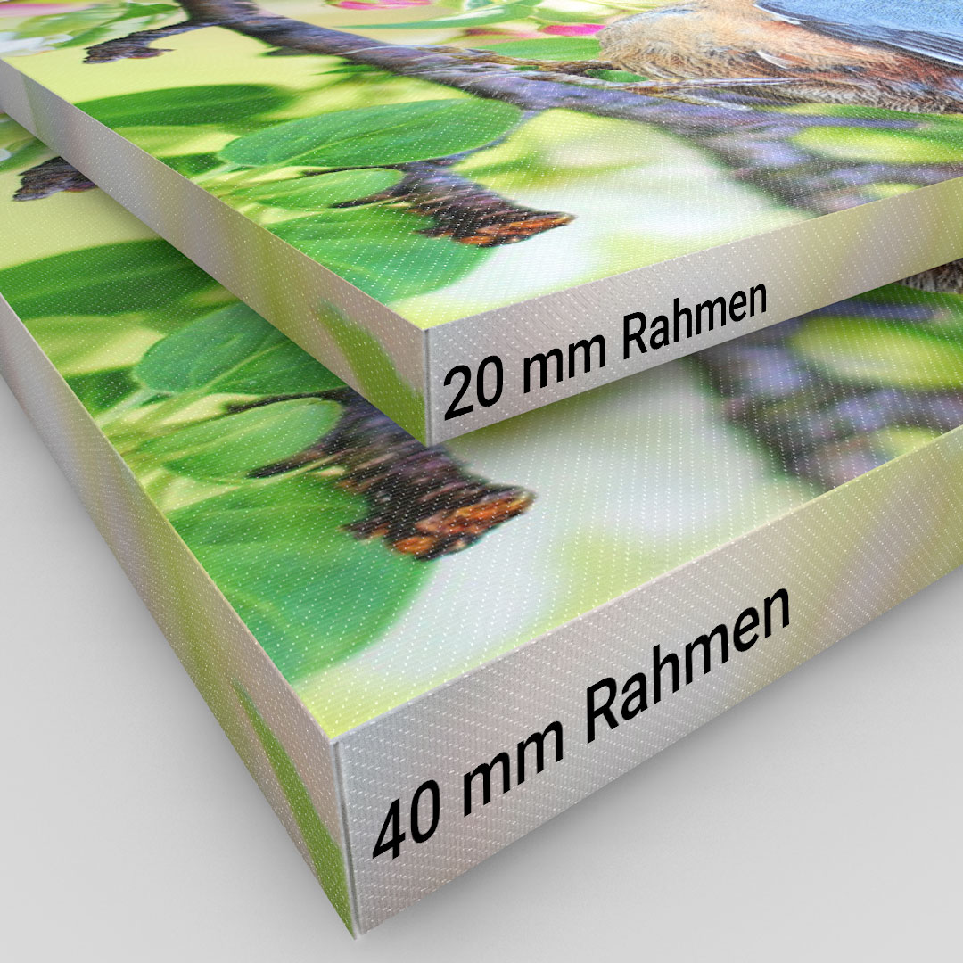 Nahaufnahme von zwei Fotoleinwänden – eine mit 20 mm Rahmenstärke und die andere mit 40 mm Rahmenstärke