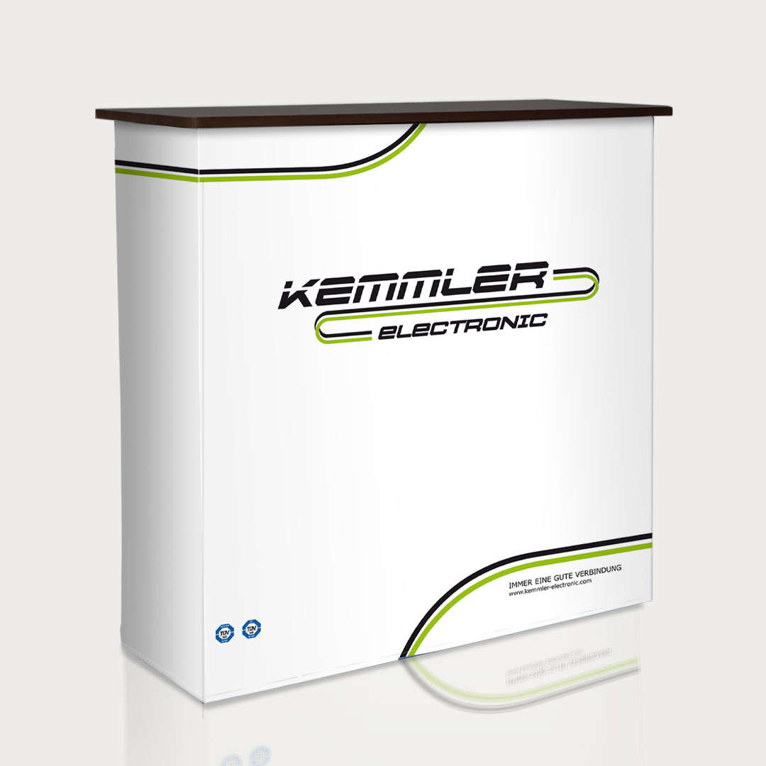 Pop-Up-Theke mit schwarzer Tischplatte und bedruckter Bespannung mit grafischen Elementen