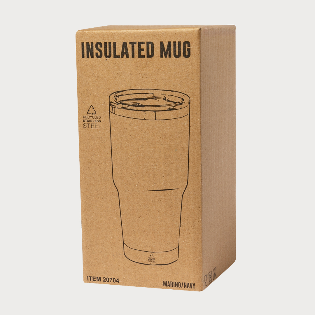 Eine braune Kartonverpackung für einen Thermobecher, bedruckt mit "INSULATED MUG" und einer Illustration.