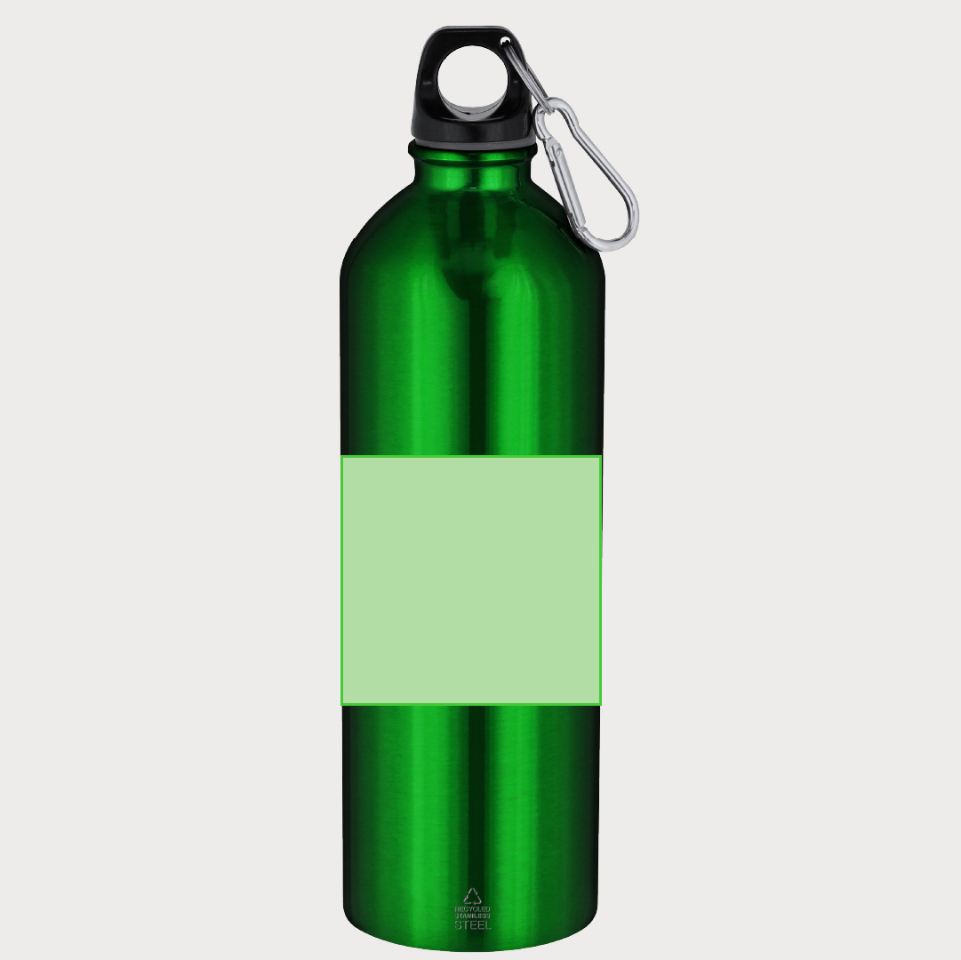 Eine grüne Edelstahl-Trinkflasche mit schwarzem Verschluss, Karabinerhaken und einem Bereich für ein Logo.
