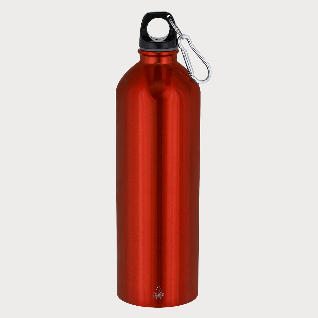 Eine rote Edelstahl-Trinkflasche mit schwarzem Verschluss und einem Karabinerhaken.