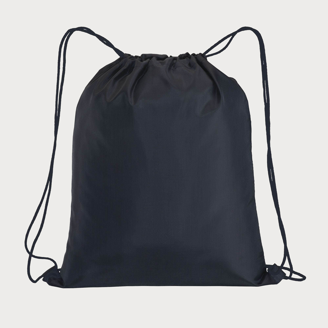 Ein navyblauer, unbedruckter Polyester-Rucksack mit navyblauen Kordelzügen.