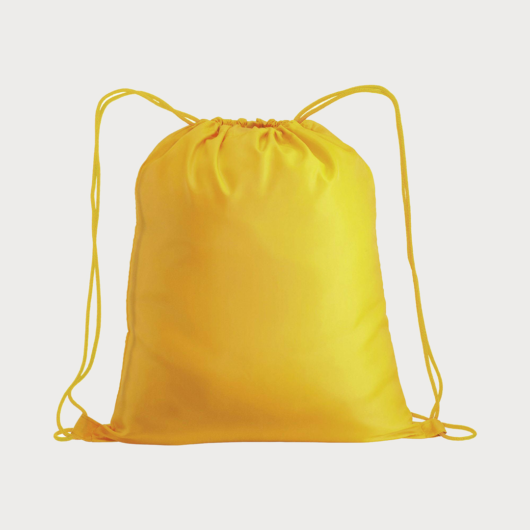 Ein gelber, unbedruckter Polyester-Rucksack mit gelben Kordelzügen.