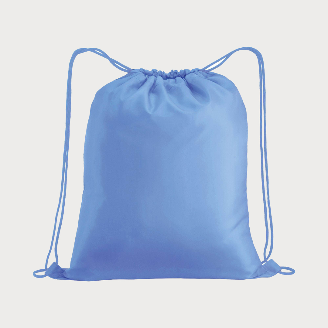 Ein himmelblauer, unbedruckter Polyester-Rucksack mit himmelblauen Kordelzügen.