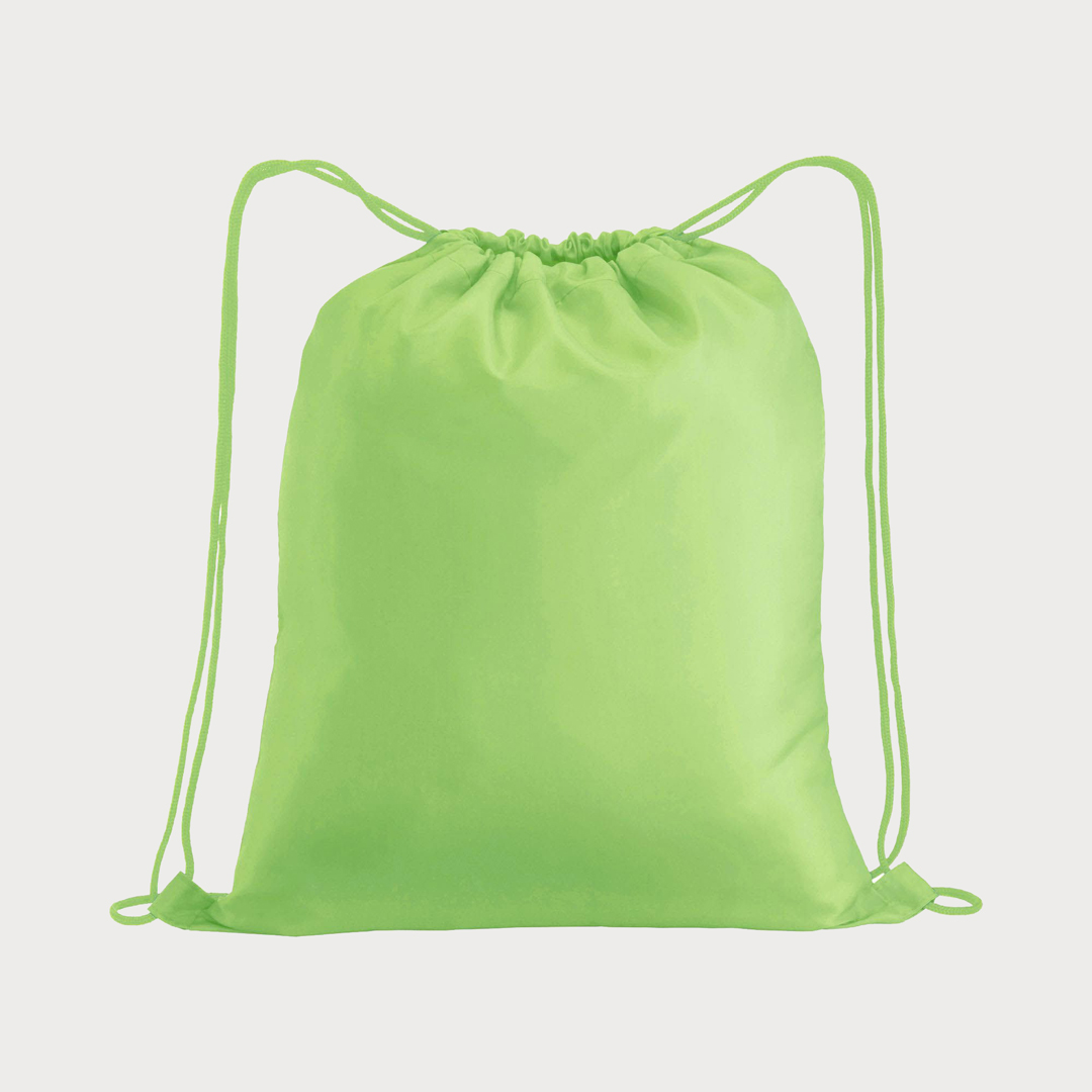 Ein apfelüner, unbedruckter Polyester-Rucksack mit apfelgrünen Kordelzügen.