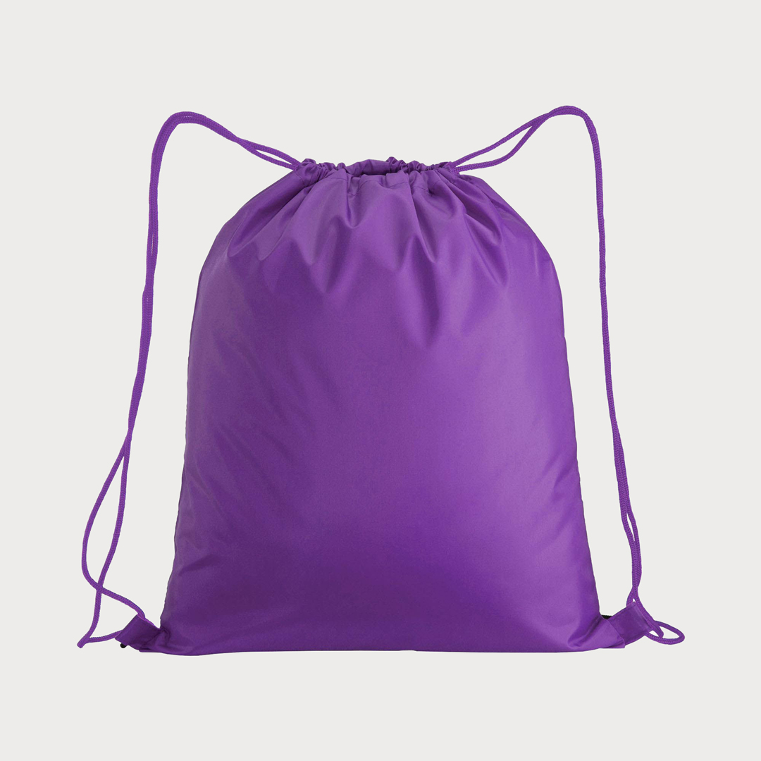 Ein violetter, unbedruckter Polyester-Rucksack mit violetten Kordelzügen.