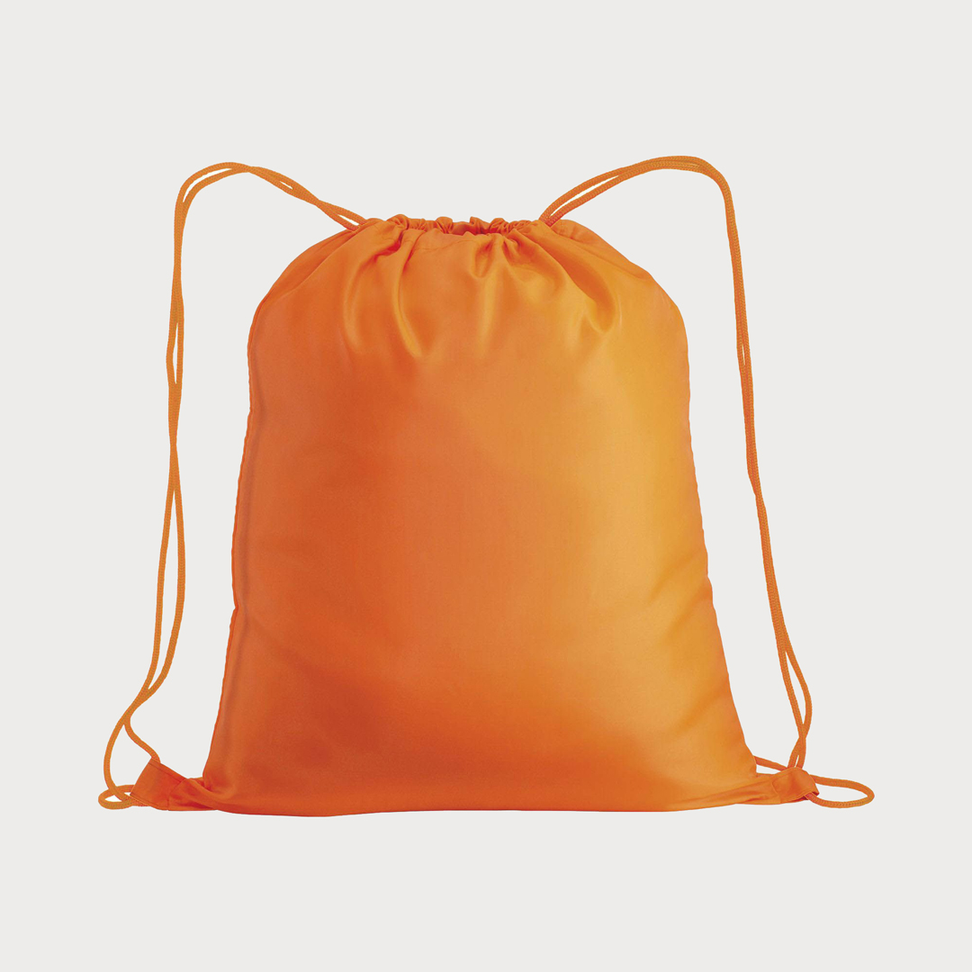 Ein orangener, unbedruckter Polyester-Rucksack mit orangenen Kordelzügen.