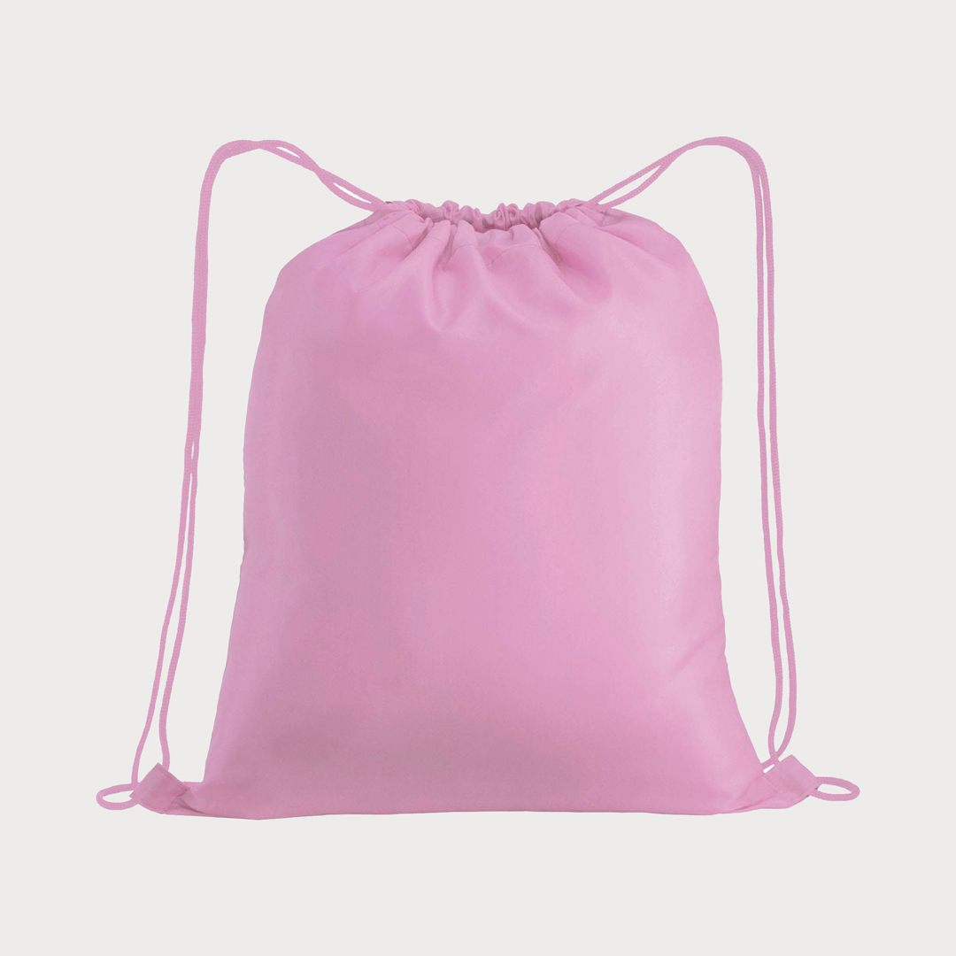 Ein rosaner, unbedruckter Polyester-Rucksack mit rosanen Kordelzügen.