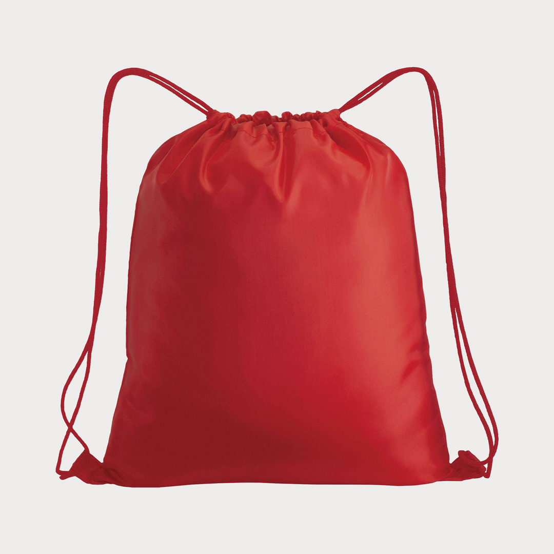   Ein roter, unbedruckter Polyester-Rucksack mit roten Kordelzügen.