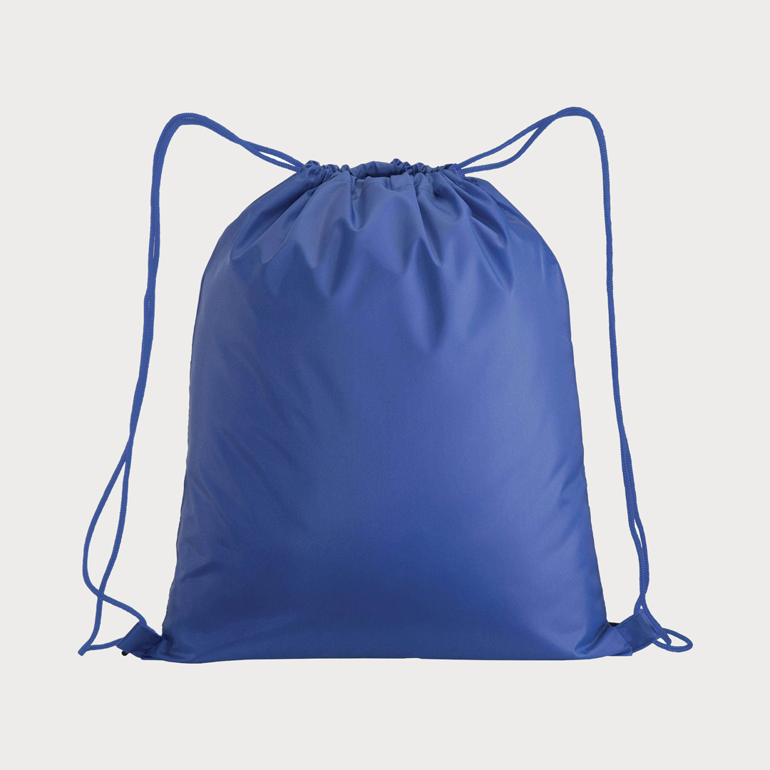 Ein königsblauer, unbedruckter Polyester-Rucksack mit königsblauen Kordelzügen.