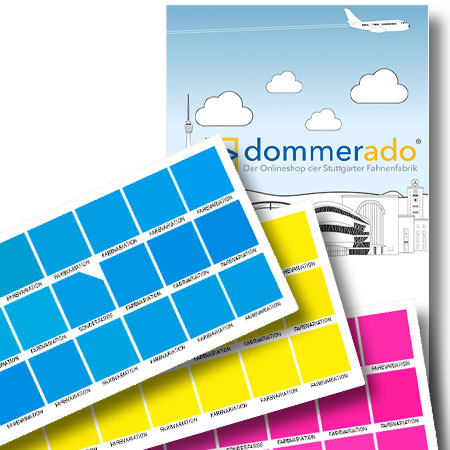 Farbfächer mit Cyan-, Magenta- und Gelbfeldern auf einem Testdruck mit Dommerado-Layout. 