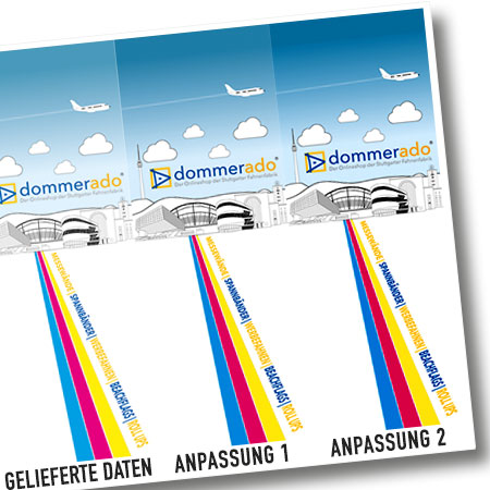 Drei Druckmuster-Varianten mit farbigen Teststreifen und abgestuften Blautönen zum Vergleich.